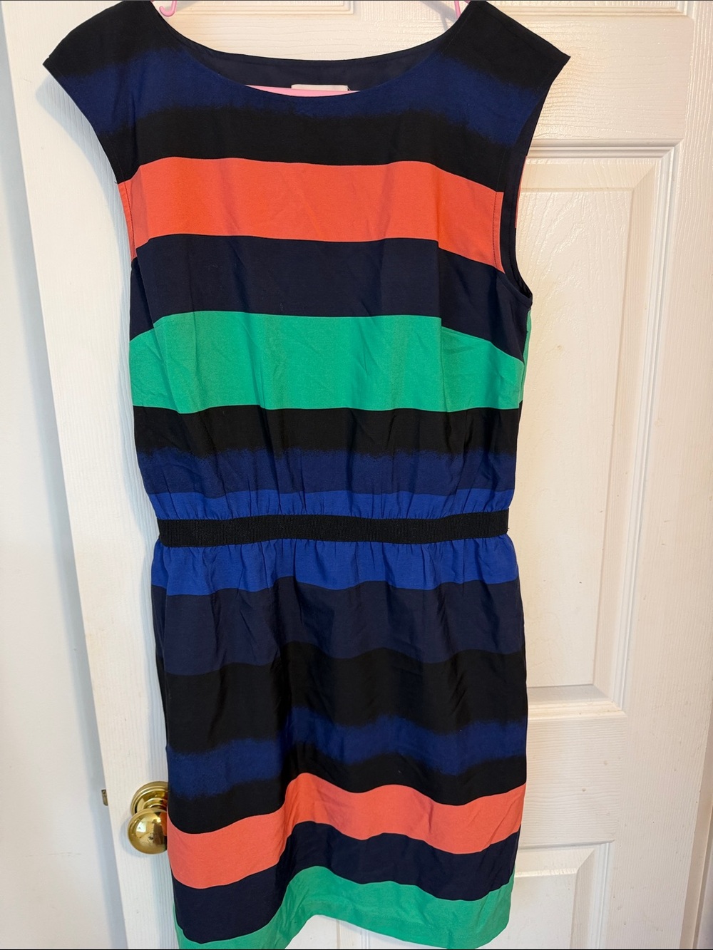 LOFT Navy Midi Dress with Coral & Green Stripes